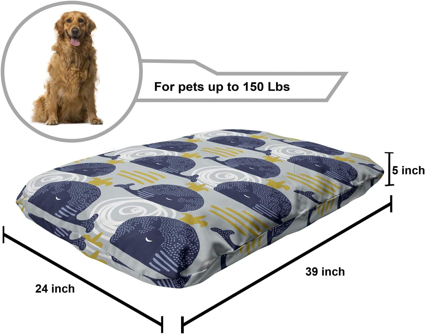 review Lunarable Whale Pet Bed, Childish Design of Abstract Underwater Mammal Dark Yellow Crown Scribbles, Chew Resistant Pad for Dogs and Cats Cushion with Removable Cover, 24
