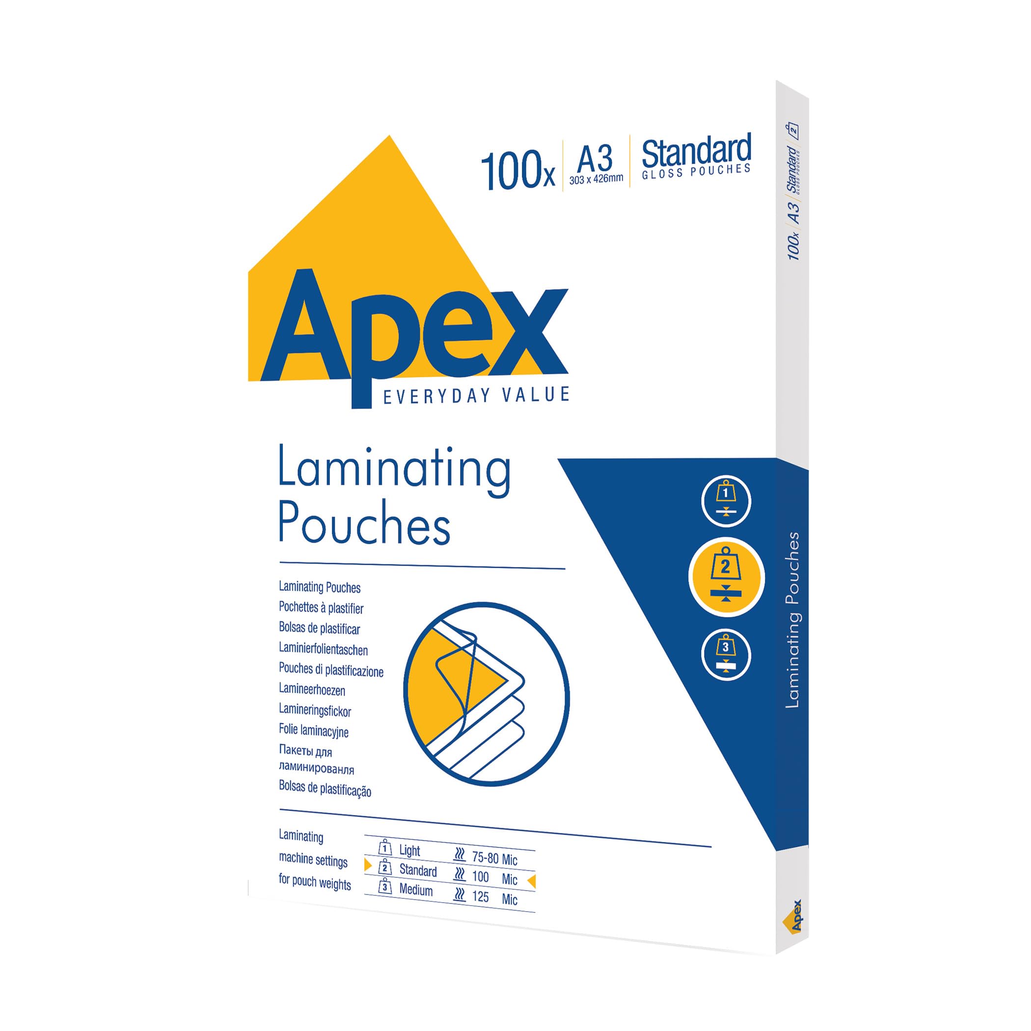 Fellowes Apex A3 Laminating Pouches, Glossy Finish, 100 Sheets - Standard - Ideal for Notices, Photos, Creatives, Certificates and Everyday Use — image 1