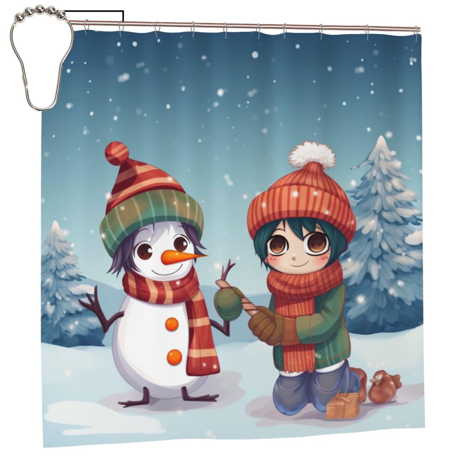 BWWHCCTI Merry Christmas Printed Shower Curtain With 12 Iron Hooks Opaque Quick Drying Waterproof Shower Curtains Sets For Bathroom 183x183 CM