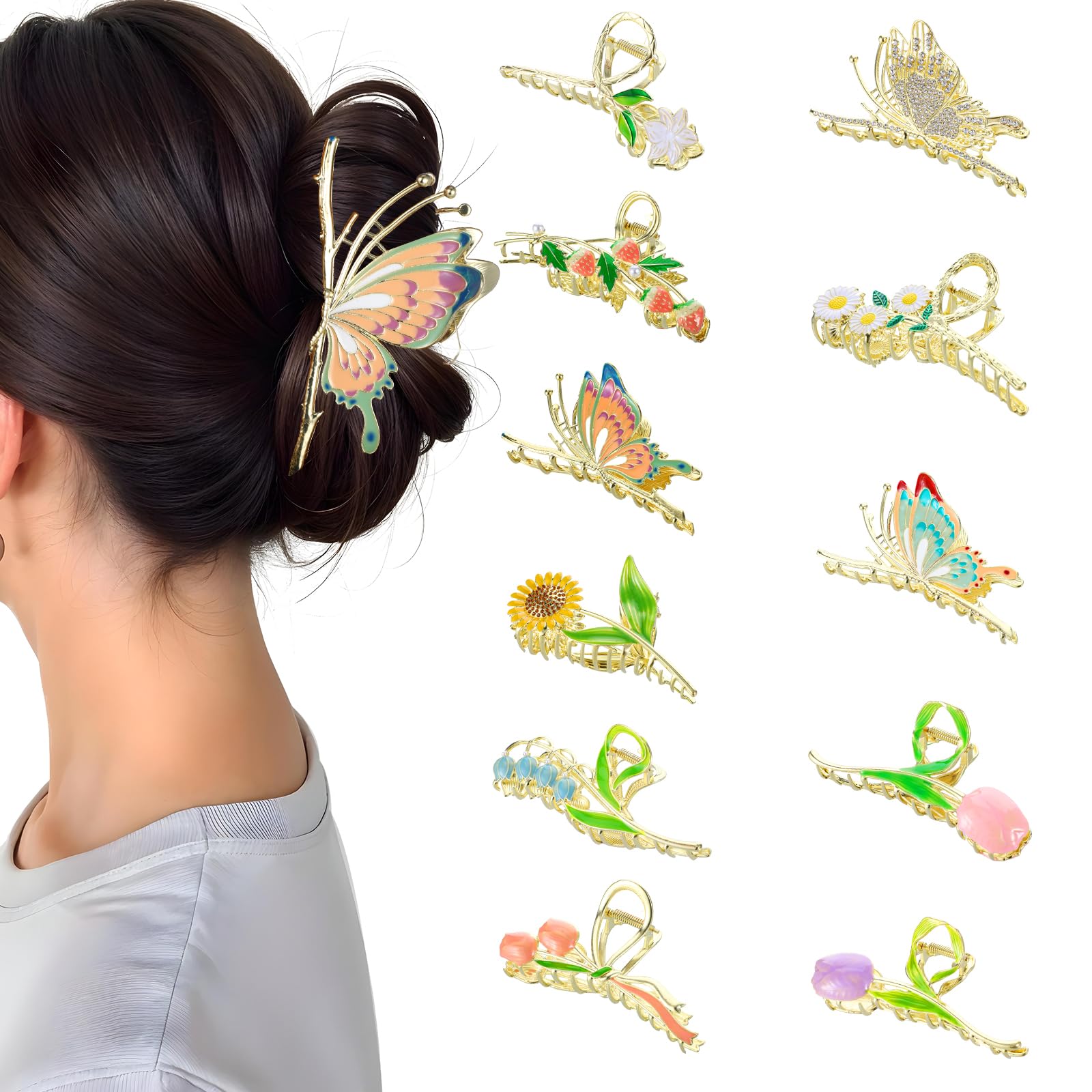 YUXIANLB 11 pinzas de metal para el pelo, diseño de tulipán de mariposa brillante, clip grande antideslizante para cabello grueso y fino, pinzas de estilo bohemio decorativas, pinzas para el pelo