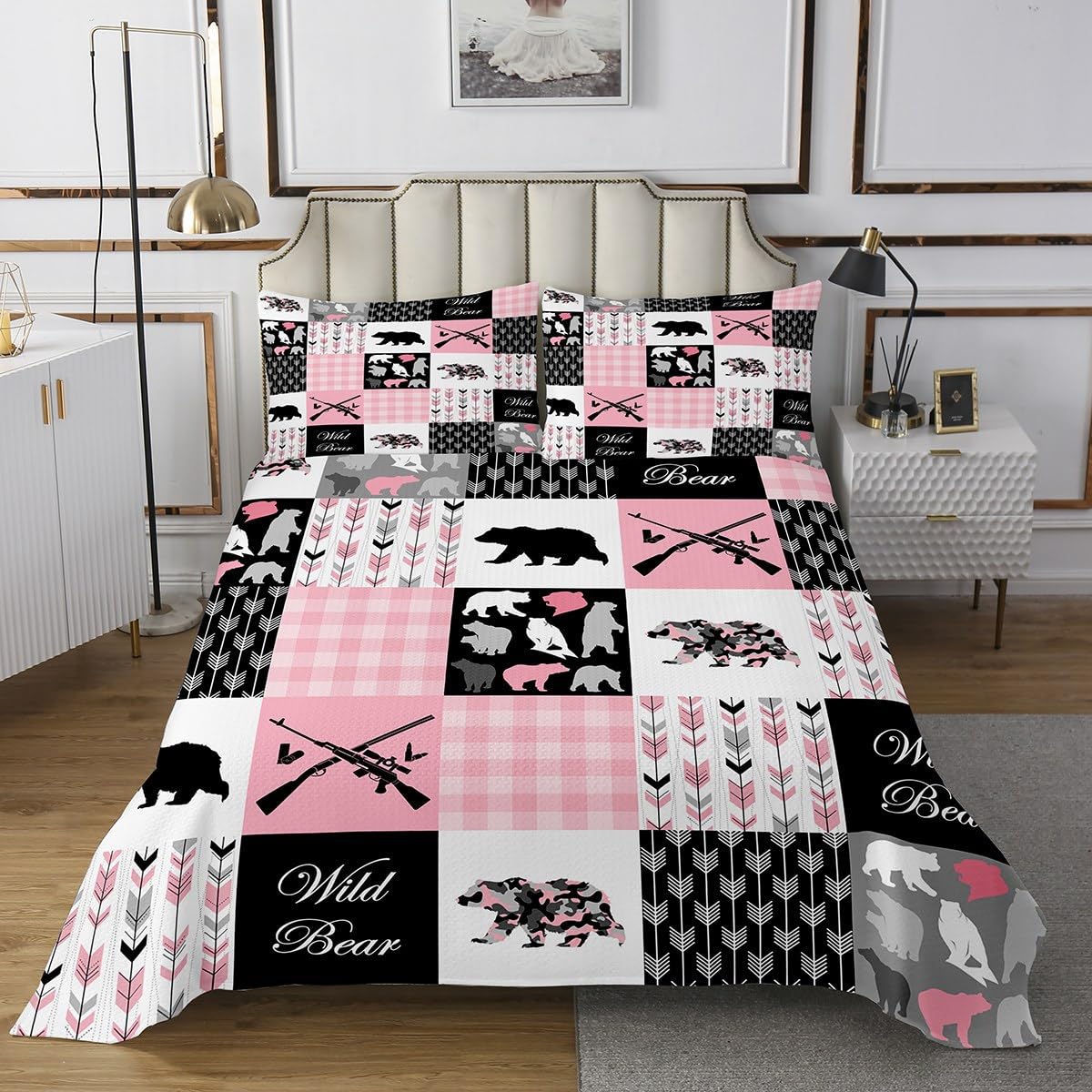 jejeloiu Bear Bedspread Twin Size Kids Black Pink Buffalo Check Quilted Coverlet for Boys Girls Teens Boho Arrow Camo Farmhouse Coverlet Set Breathable Wild Animal Quilted Room Decor Quilt Set