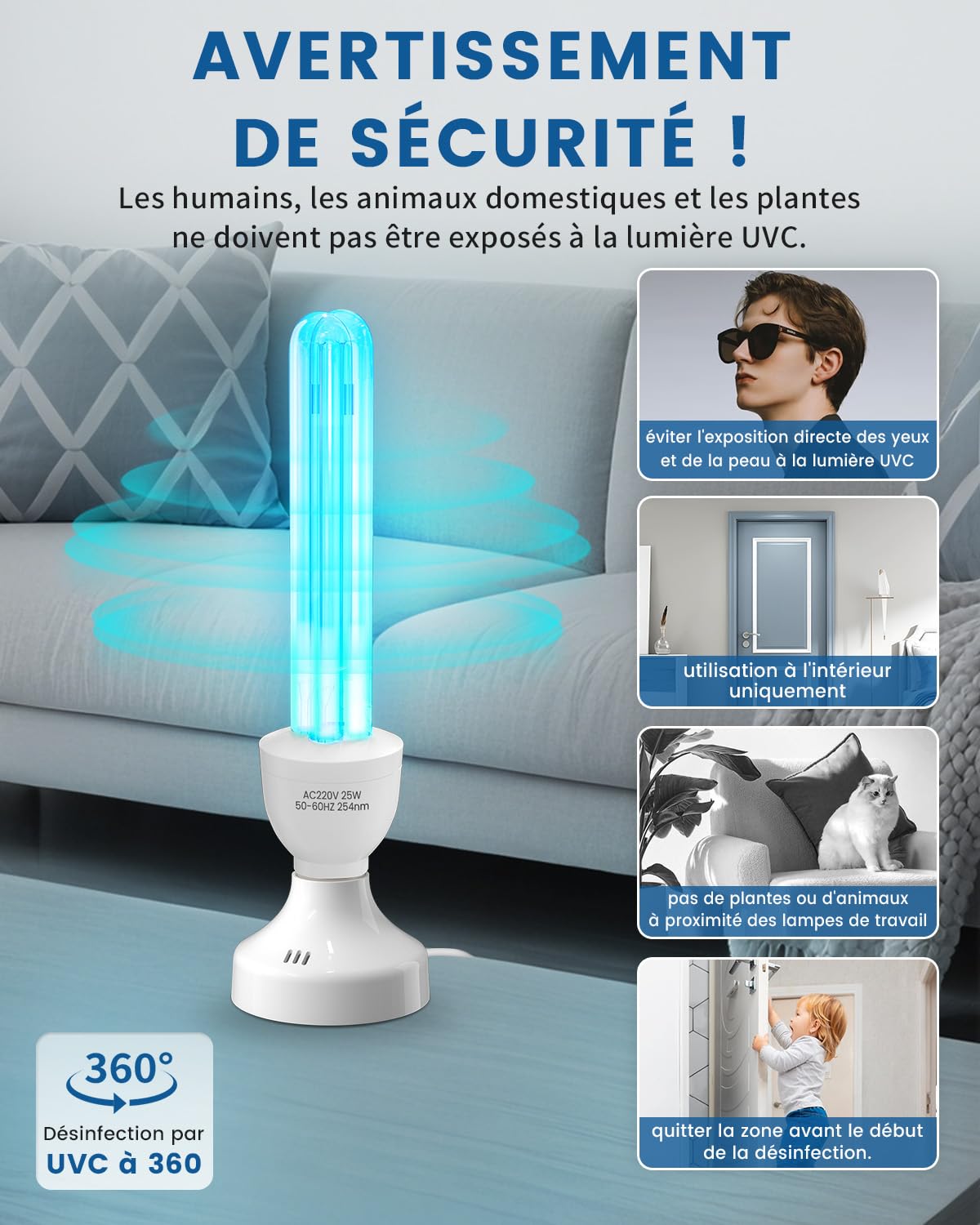 Lampe UV Germicide UVC 25W Ozone Télécommande Minuterie E27 Ampoule UV Stérilisateur Tube Quartz 254nm