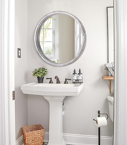 Miniatura 135 de JJUUYOU Espejo circular de pared redondo para baño, espejo de tocador marrón rústico, pequeño círculo decorativo para pared, marco de madera, espejo