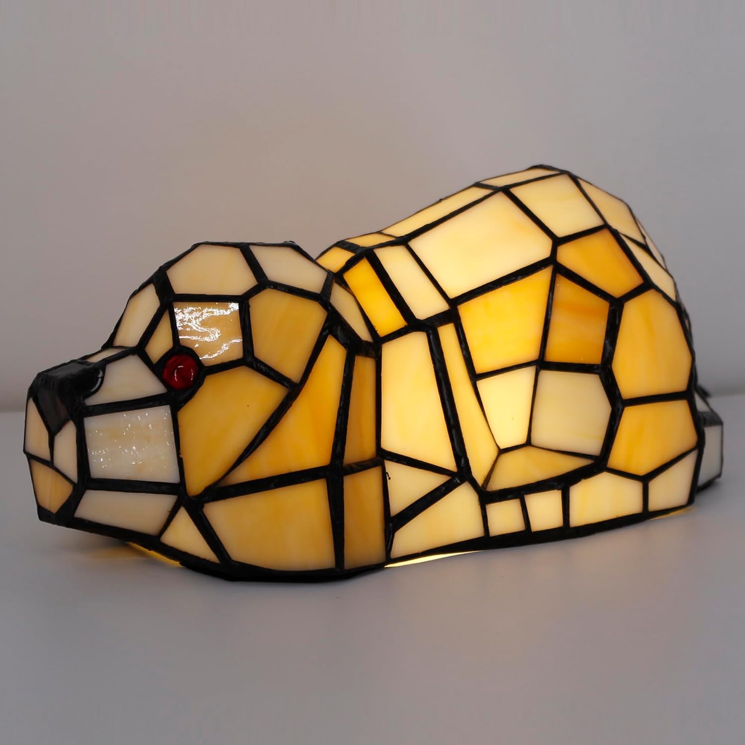 Small Tiffany Lamp Stained Glass Animal Table Lamp Mini Accent Desk Light (Amber White Dog)