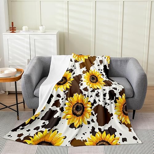 Manta de vaca de girasol para niños, niñas y jóvenes, manta rústica de piel de vaca marrón con flores amarillas ultra suave, 40 x 50 pulgadas, manta