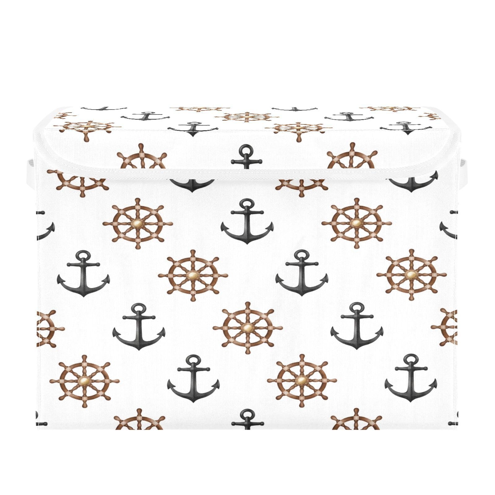 Ewusp Ship Anchors Rudder Fabric Storage Bin with Lid, Decorative Foldable Storage Basket with Handles, Stackable Closet Shelf Organiser Box for Clothes, Books, Bedroom, Living Room