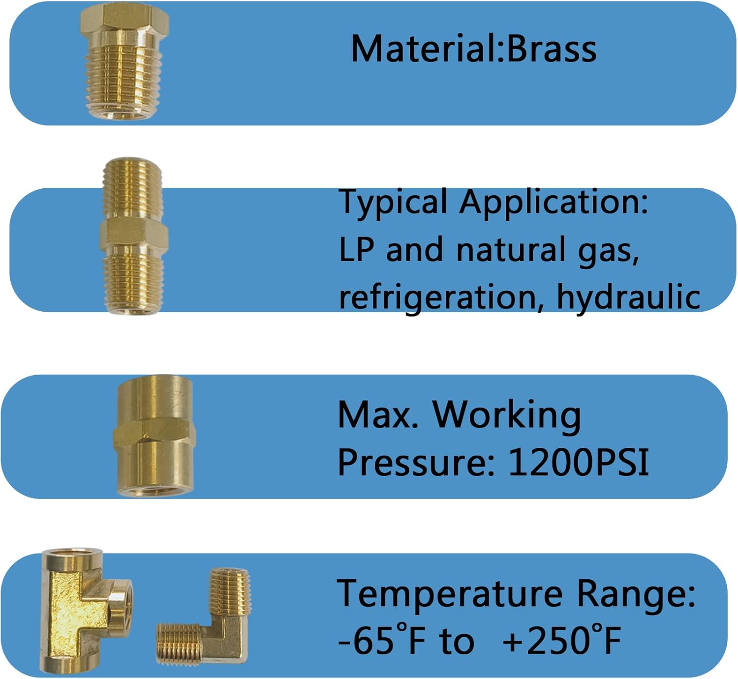 Brass Pipe Fittings, NPT Tee, Hex Head, Hex Nipple, Hex Coupling, 90 Degree Barstock Forged Elbow, Air Hose Fittings, 1/8" 1/4" 3/8" NPT Brass Fittings Kit, for Up to 1200PSI