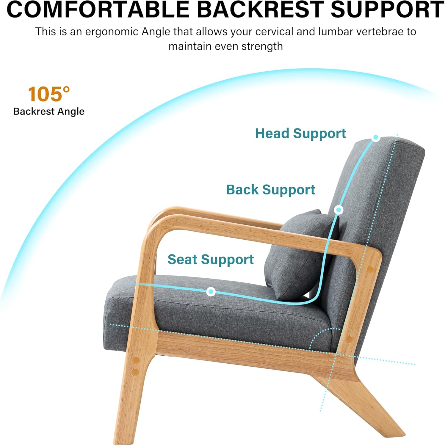 UIXE Modern Accent Chairs, Fabric Upholstered Armchair with Lumbar Pillow for Living Room, Comfy Wooden Arm Chair Single Sofa Bedroom Reading Seat - Gray, Set of 2