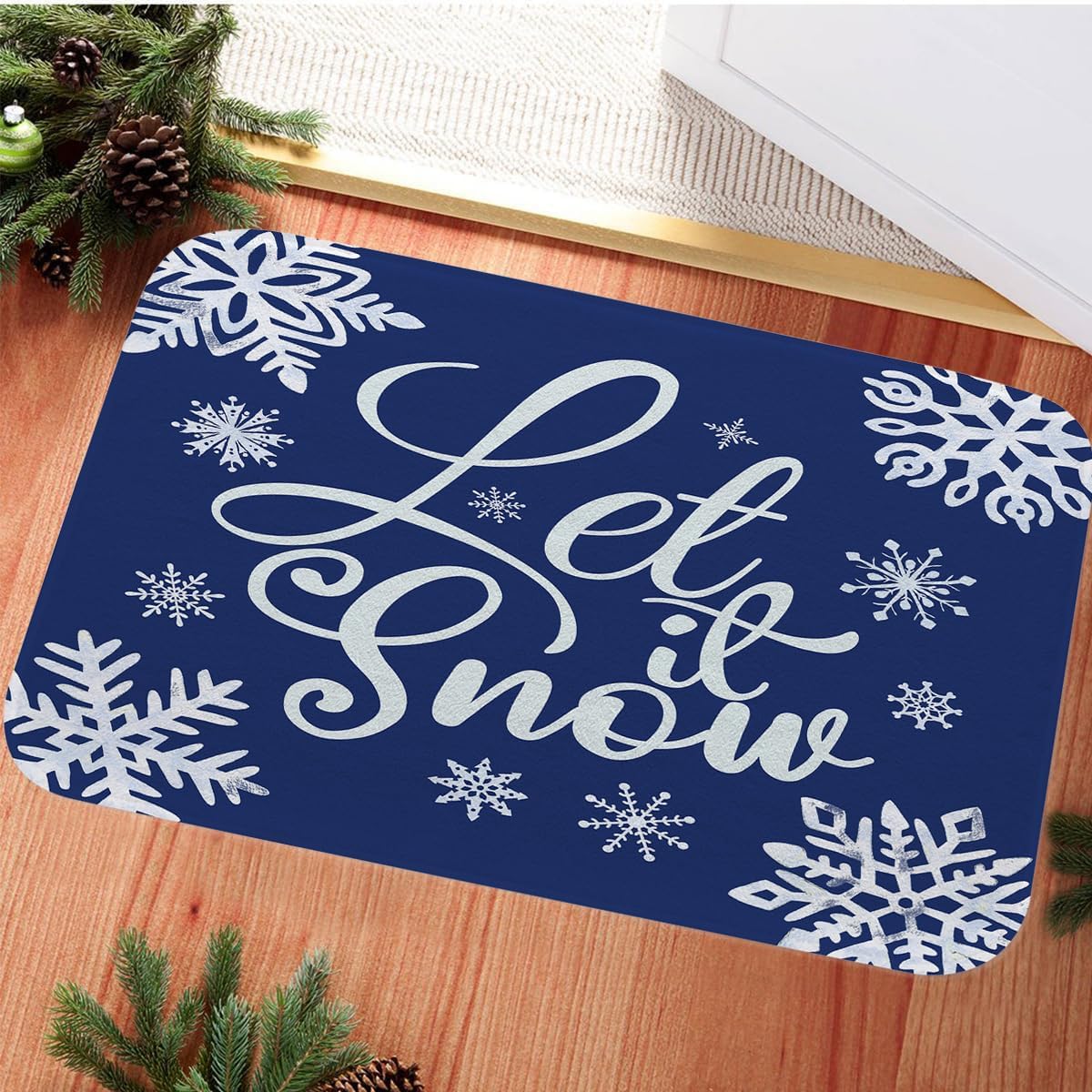 Fukeen Let it Snow Winter Bathroom Rugs White Blue Snowflake Bath Mat Non-Slip 20x32 Inch Bath Rug Soft Christmas Quotes Plush Floor Mats Winter Holiday Decor for Bathroom Tub Shower Kitchen
