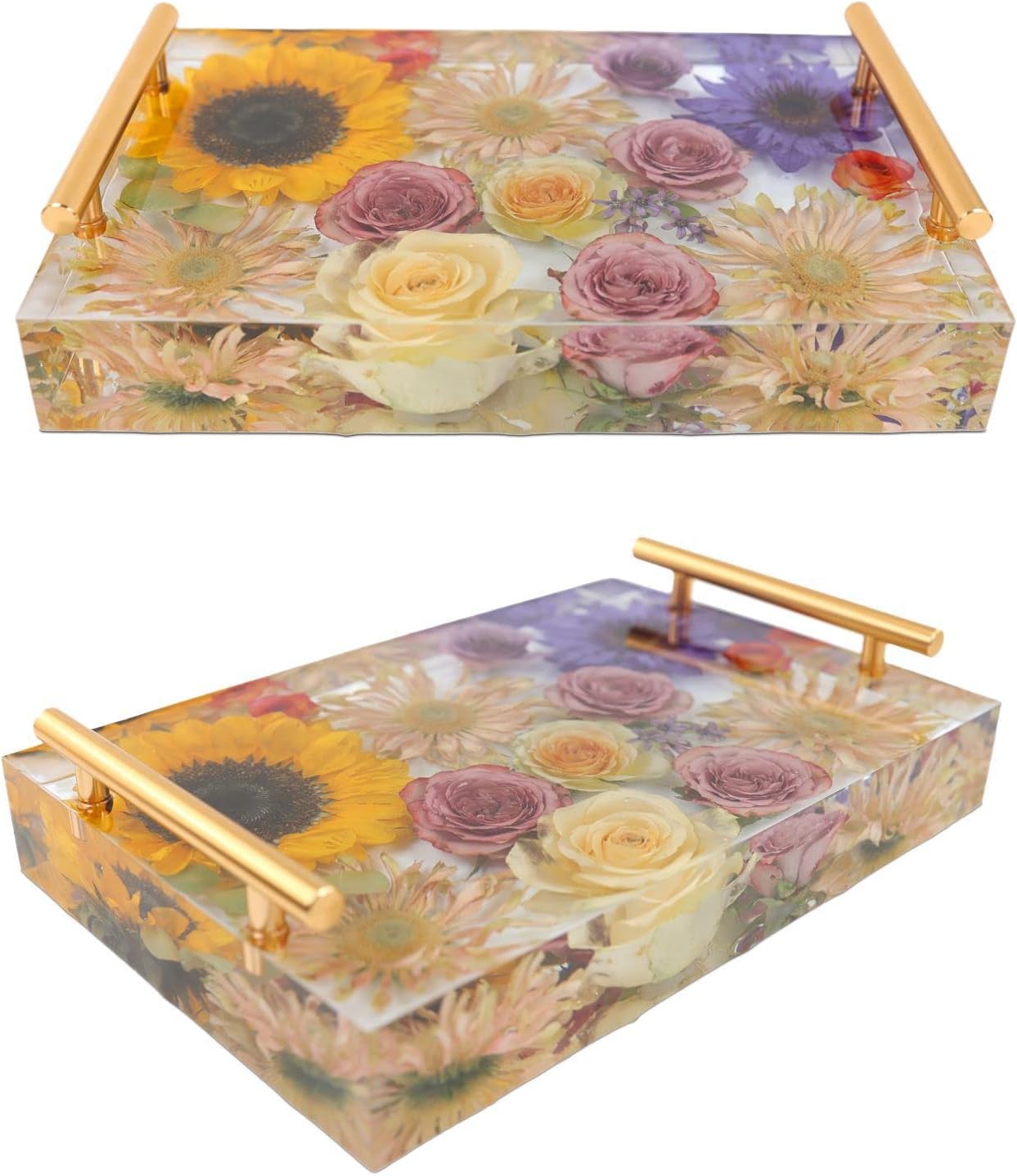 Resin Tray Molds Silicone, 13.5" Large Rectangle Deep Resin Mold & Gold and Silver Handle, Shiny Silicone Tray Board Table Mold for Resin, Floral Preservation Bouquet Resin Mold