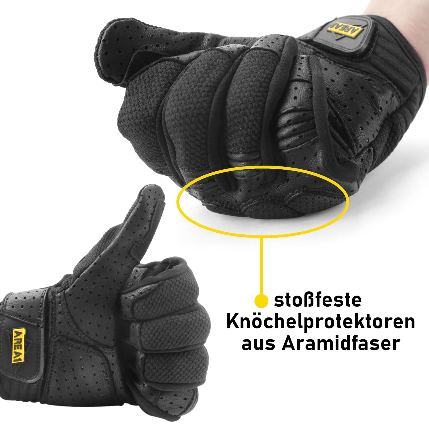 Area1 Motorradhandschuhe Leder mit Kevlar® Verstärkung, Atmungsaktiv, Knöchelschutz, rutschfeste Innenfläche – Sommer Motorrad Handschuhe Herren Damen Schwarz (Größe M-XXL)