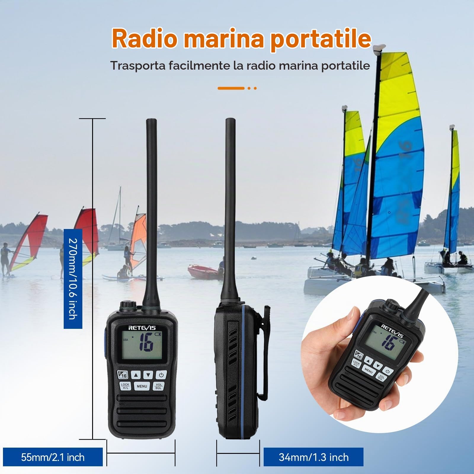 Retevis RM01 Radio VHF Marino Portatile, Radio Impermeabile IP67, Vibrazione, Galleggiante 88 Canali, Radio Marina con Microfono per Kayak, Pesca, Nautica (Nero, 1 Pezzo)