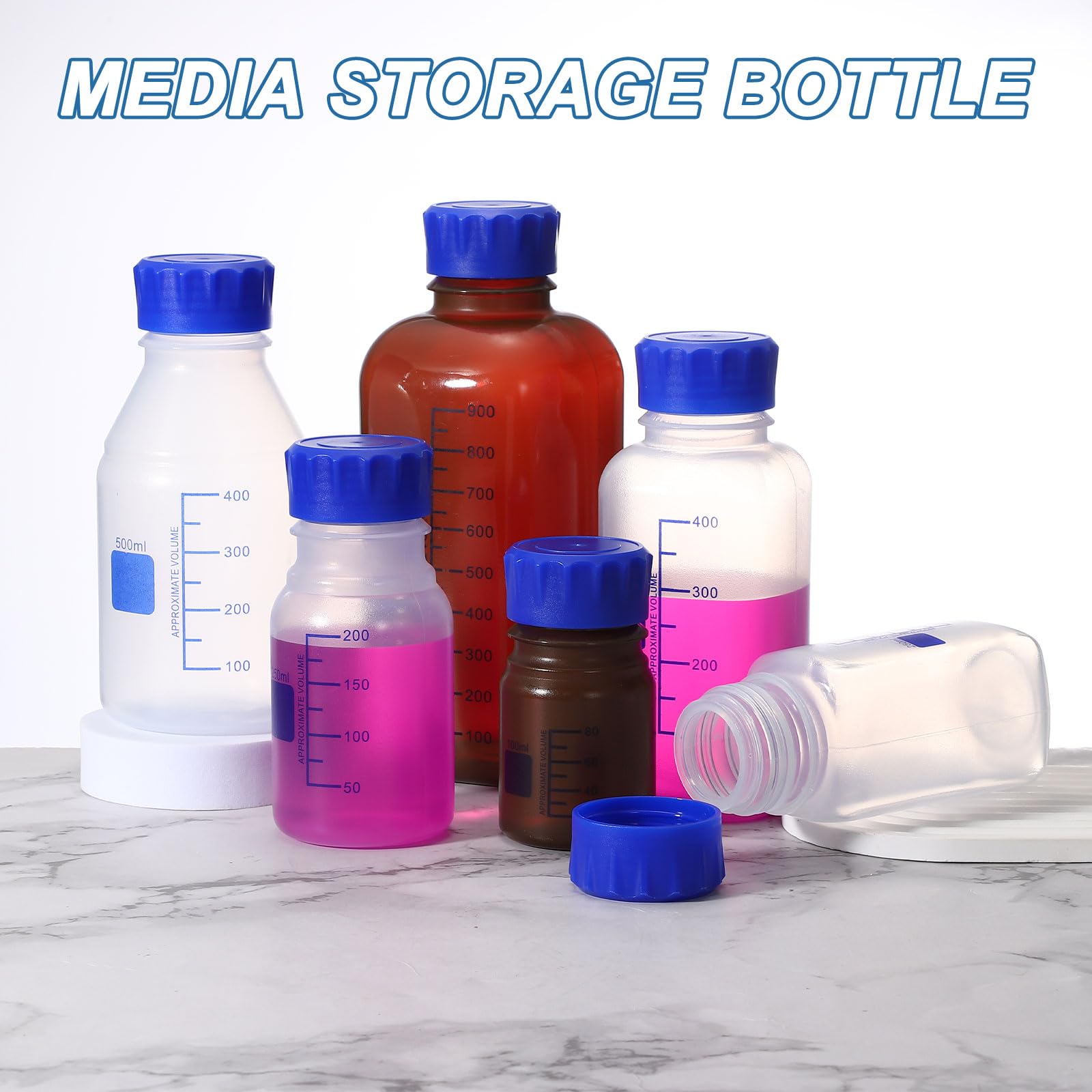PATIKIL 1000ml Bottiglie Da Laboratorio In PP Rinforzato Con Gradazione, 2 Pezzi Bottiglie Di Plastica Con Tappo A Vite Blu Per Liquidi Reagenti Acqua Da Laboratorio, Trasparente (Rotonda)