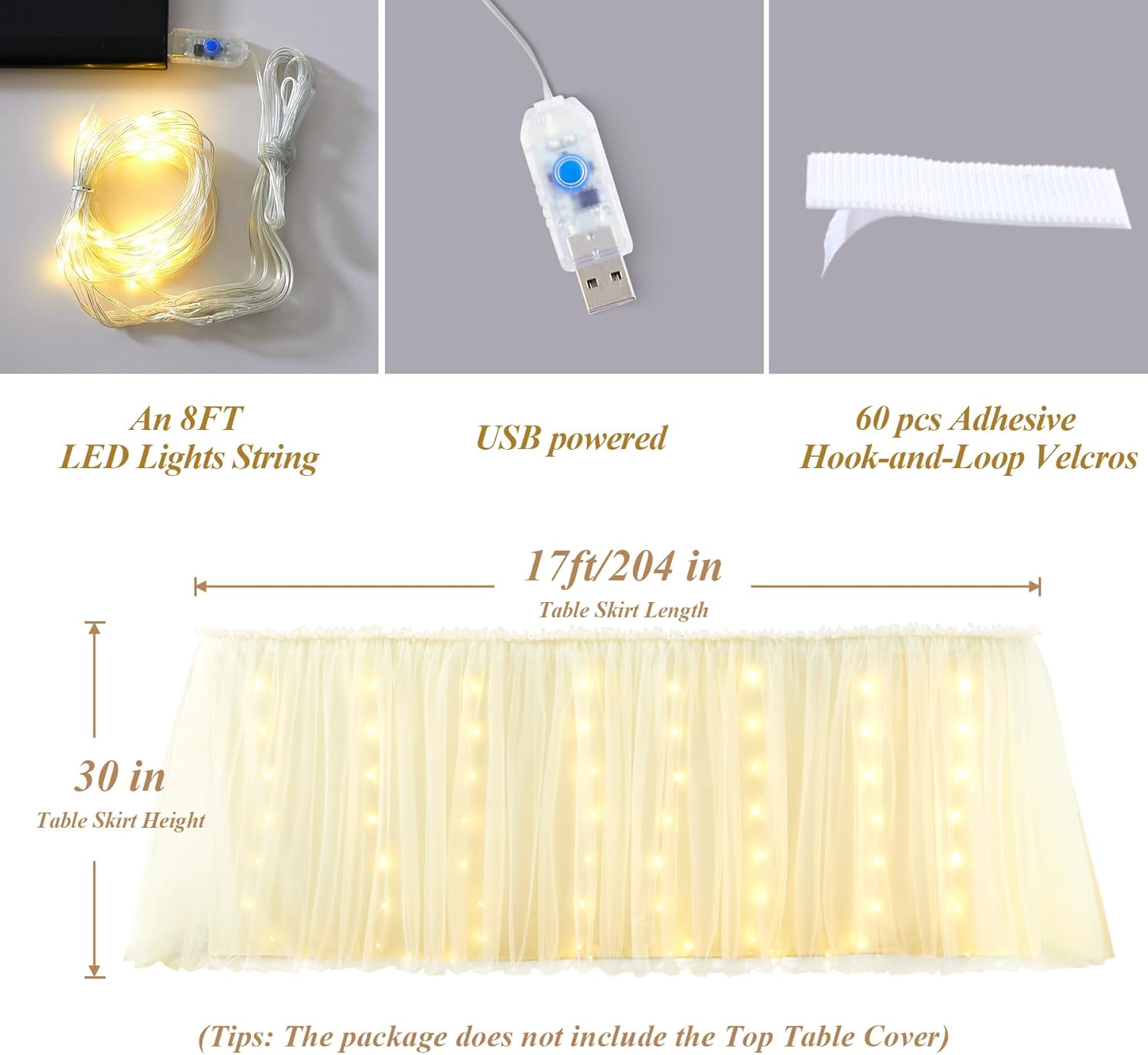 Shillance 17FT Champagne Tutu Table Skirt for Rectangle or Round Tables 2-Layer Ruffle Tulle Cloth Desk Skirt for Birthday Baby Shower Wedding Banquet Cake Dessert Decorations