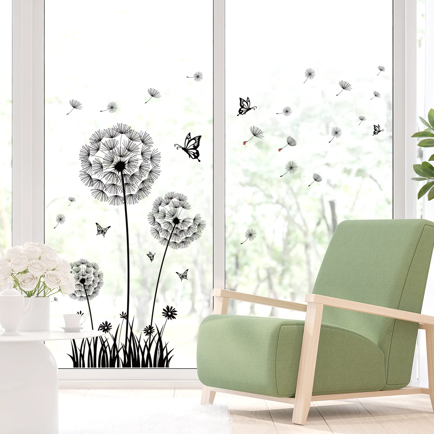 BASHOMBS-105 Dandelion Wall Decals Black Flower Flying Butterflies Stickers for Living Room Bedroom Nursery Bathroom Home Decor Art Decoration