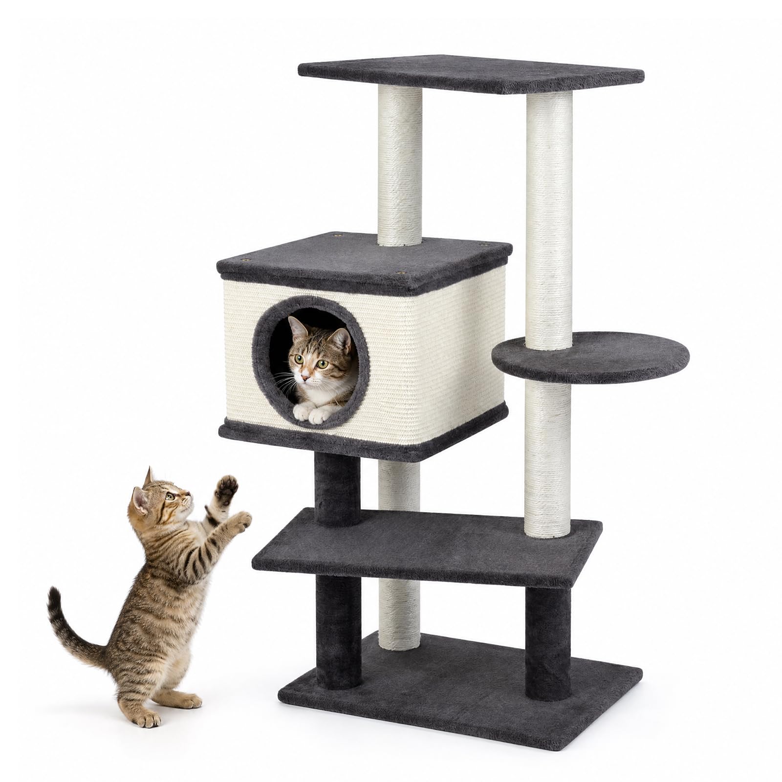 COSTWAY Albero Tiragraffi per Gatti Adulti e Piccoli Alto 99 cm | con Cuccia, Posatoi, Trespolo e Pali Graffiatoi, Struttura in Legno e Fodera in Pelluche Morbido
