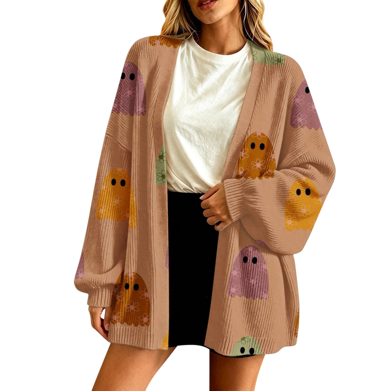 Cardigan autunnale da donna a blocchi di colore con zucca, aperto sul