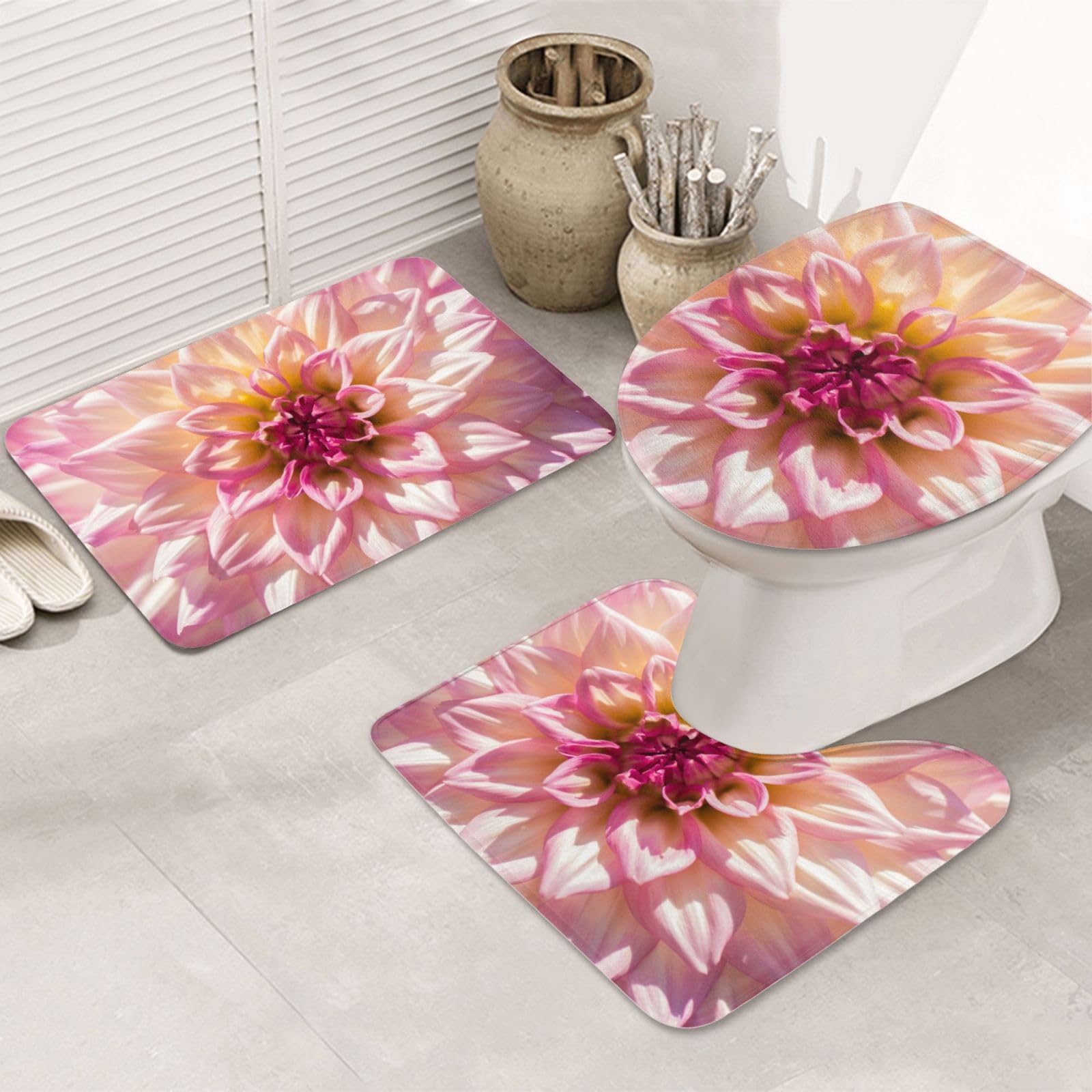 Tapis de bain rose fleuri OUSIKA : ensemble de bain 3 pièces absorbant et antidérapant