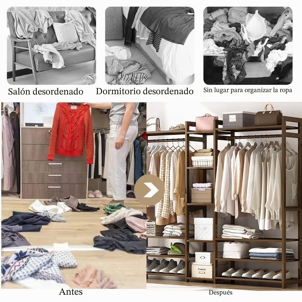 Perchero Burro de Bambú, Armario Abierto Madera Perchero de Pie con Zapatero, Vestidores Armarios Abiertos, Multifuncional Perchero de Ropa para Dormitorio Salón, Carga 120 kg