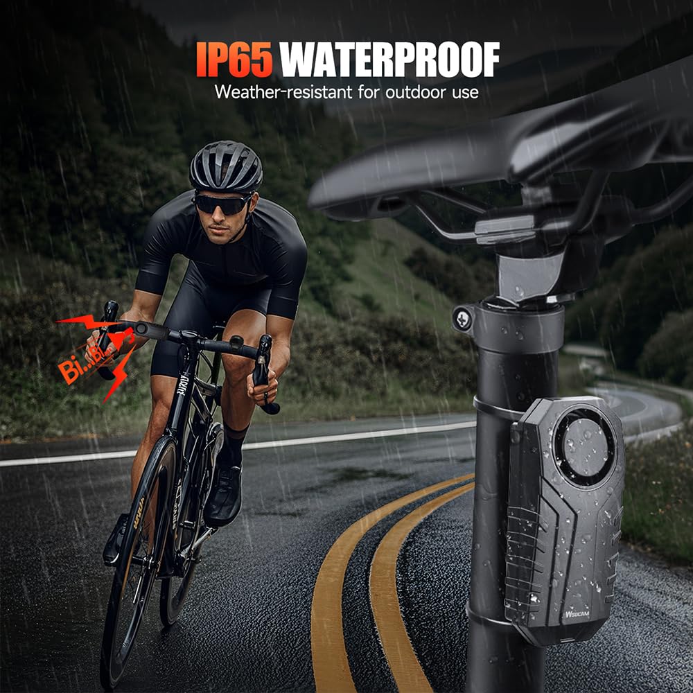 WSDCAM Allarme per bici aggiornato con telecomando, allarme di sicurezza antifurto forte da 113 dB, raggio di 60 m, impermeabile IP65, ricaricabile USB-C, clacson e localizzatore per bici elettriche
