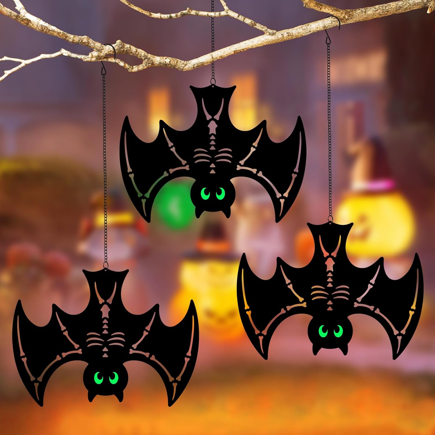 Halloween Decorations Outdoor,3 Pack Metal Black Hanging Bats & Glow Eyes | Metal Scary Bats Silhouette for Haunted House,Outdoor Patio Yard Décor Halloween Party Gifts