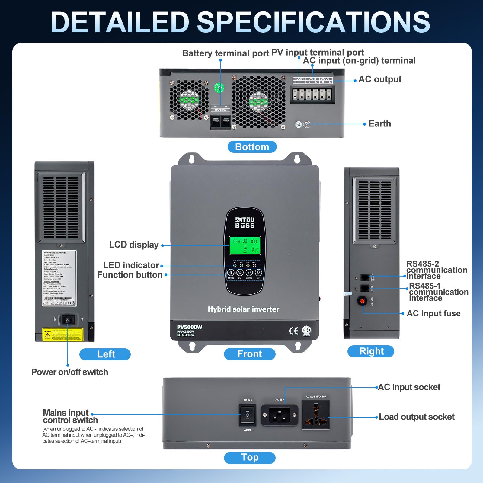DATOUBOSS Hybrydowy falownik solarny 3300W 24V, czysta sinusoida, 24V DC na 220V/230V AC, z kontrolerem ładowania MPPT 100A i systemem ochrony BMS, do baterii litowych (24V 3300W)