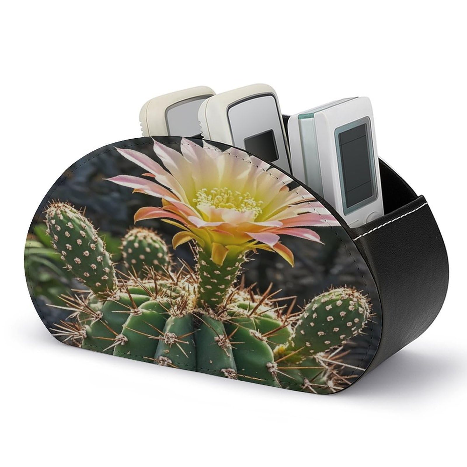 LZQPOEAS Cactus Flower Remote Control Holder with 5 Compartments PU Leather Remote Organizer Box Caddy for Table Nightstand Remote Caddy Desktop Organizer Fits Media Controllers