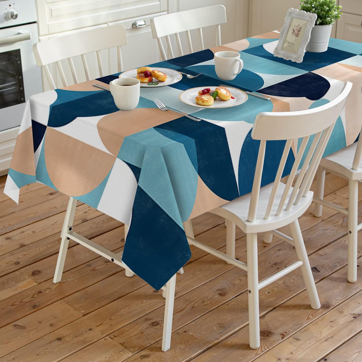 Waterproof Tablecloths for Rectangle/Outdoor Tables Mid Century Geometric Vinyl Oilcloth Dining Table Cloths Abstract Blue Gradient Texture Spillproof Table Cover for Kitchen Party 60x102 Inch