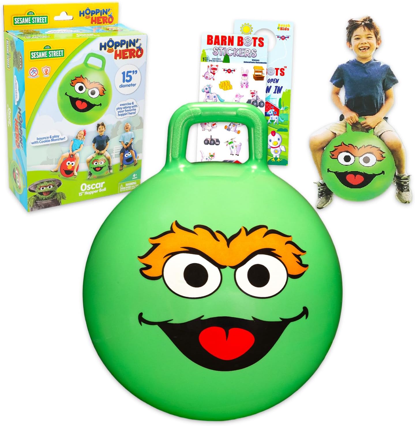 Sesame Street Hopper Ball Outdoor Set - Bundle with Oscar the Grouch 15" Hopper Ball for Boys and Girls Outdoor Activities, Parties Plus Stickers, More | Sesame Street Backyard Toys for Toddlers