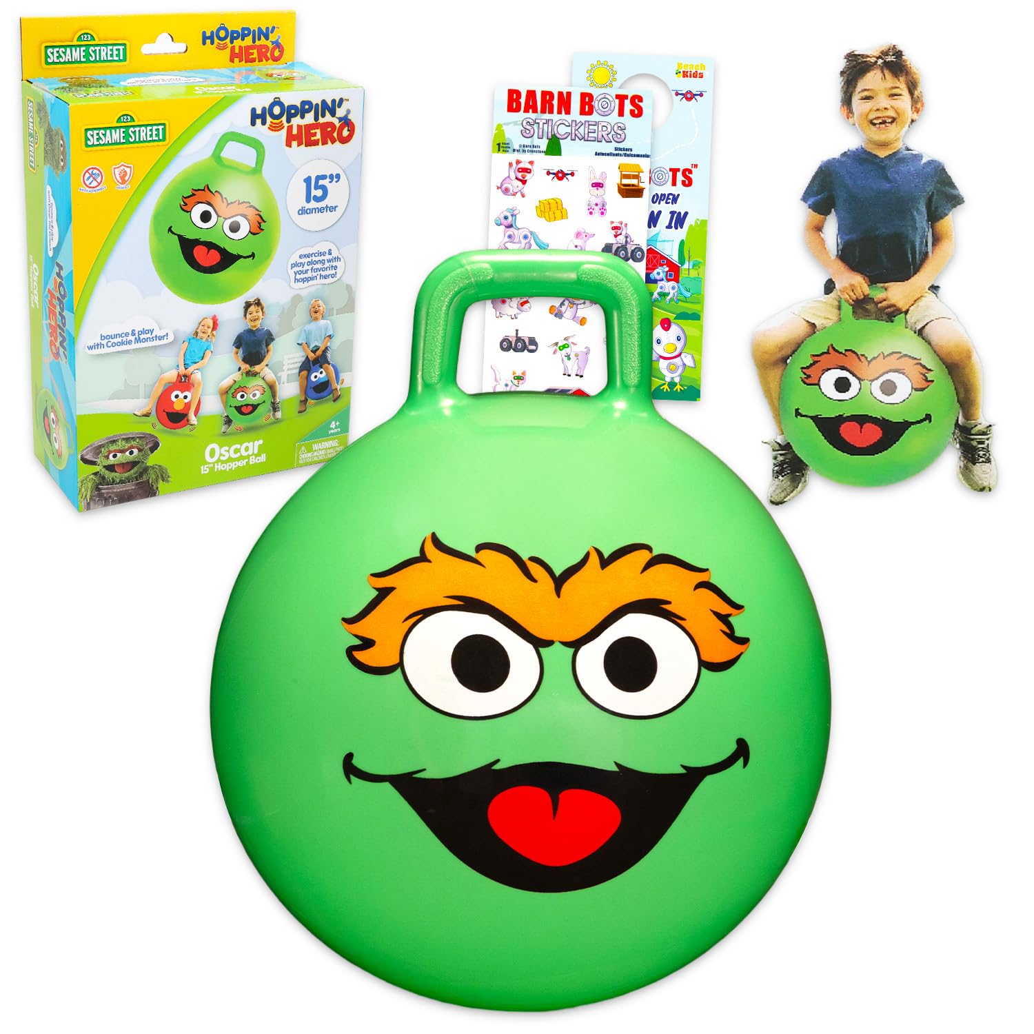 Sesame Street Hopper Ball Outdoor Set - Bundle con Oscar The Grouch 38,1 cm Hopper Ball per ragazzi e ragazze Attività all'aperto, feste più adesivi, altro ancora | Sesame Street Backyard Toys per