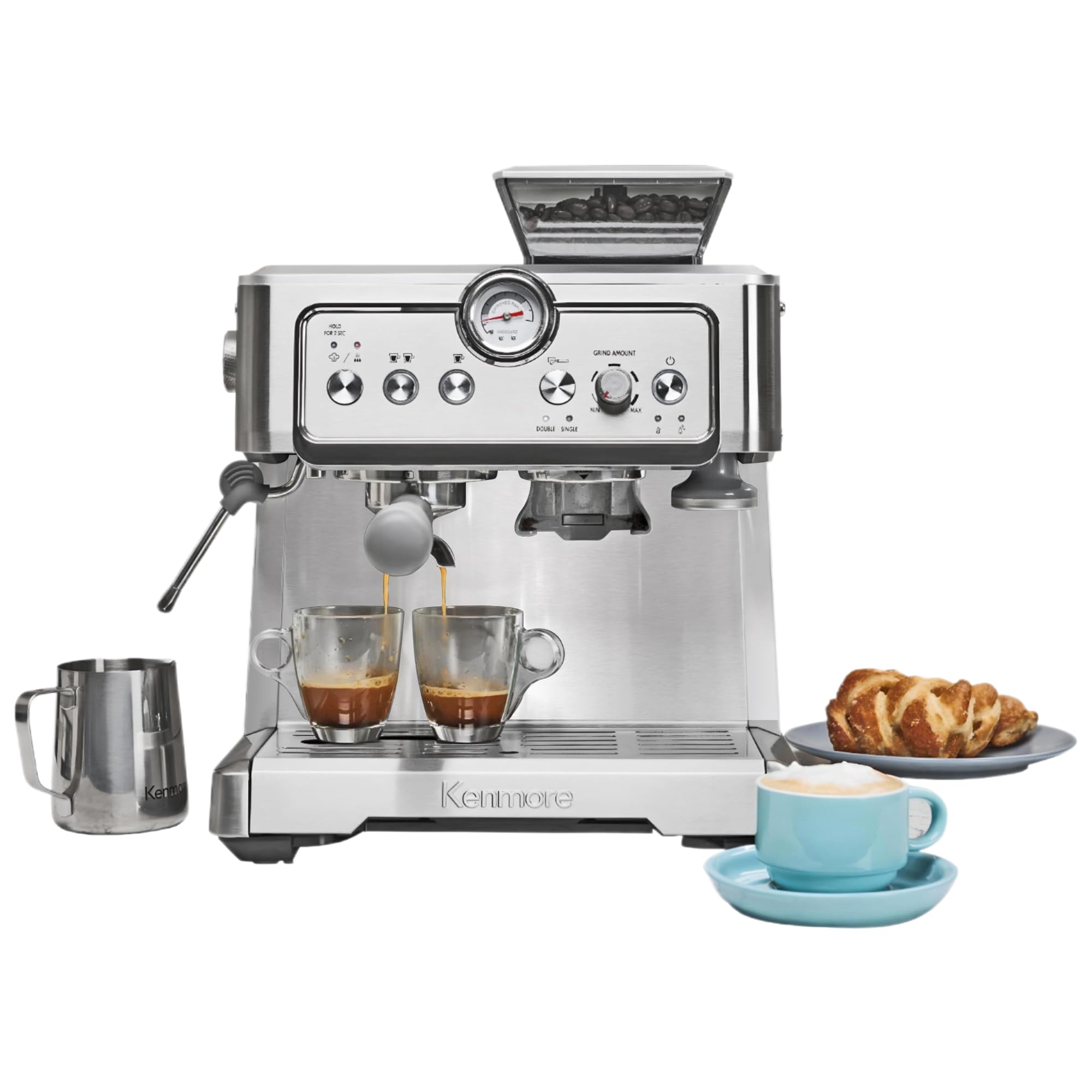 Kenmore Espresso Machine – Automatic Coffee Maker with Manual Tamper, Auto Cleaning, Milk Steamer & Frother, Bean Grinder, Brew Professional Barista Style Cappuccino, Café Latte