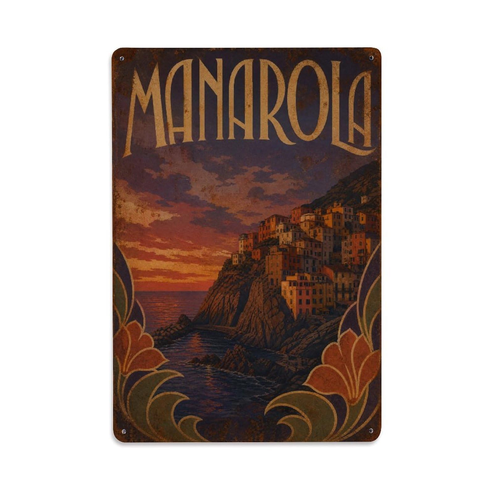 Huiyhb 8X12inch(20X30cm) Vintage Travel Manarola Twilight Colors Evening Sky Italy Metal Tin Sign