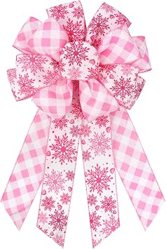 Christmas Bows for Wreaths, Snowflakes Pink and White Christmas Bows Tree Topper, Pink Buffalo Grid Christmas Bow for Front Door Wall Outdoor Christmas Decor Xmas Hanging Ornament