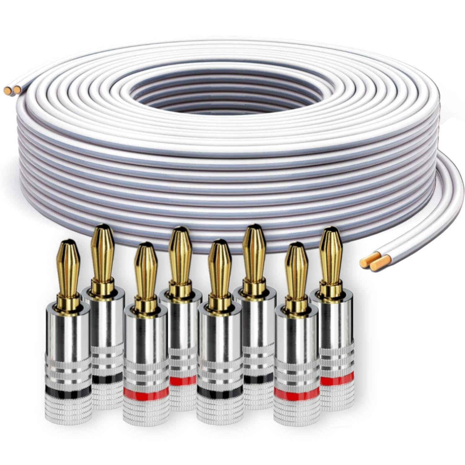 PureLink Câble haut-parleur avec fiches banane, câble audio OFC 2x2,50mm² (0,20mm), 25,0m, 8 fiches, cuivre pur pour enceintes HiFi et caisson de basses, repérage de polarité, blanc