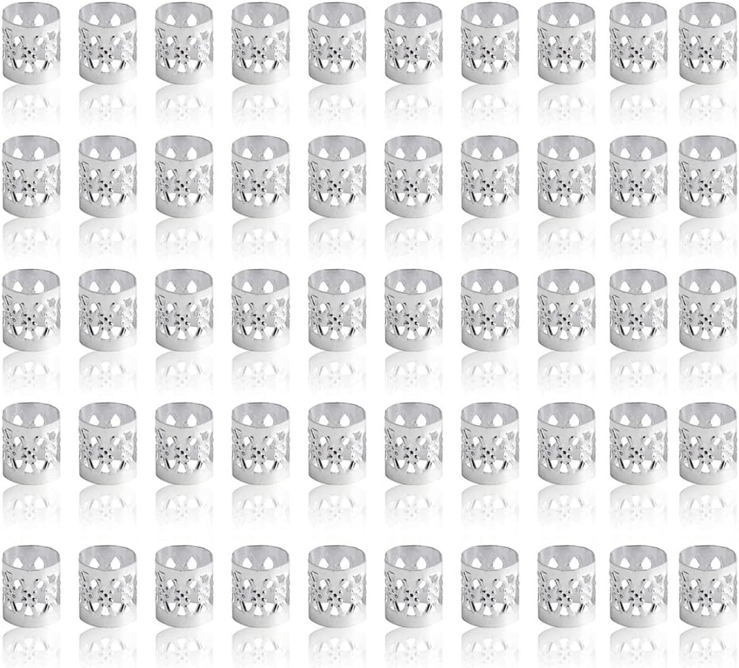 LEBQ 50 Pieces Aluminum Dread Locks Adjustable Metal Cuffs Dreadlocks Beads Braiding Hair Decorations (Silver)