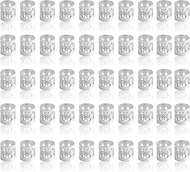 LEBQ 50 Pieces Aluminum Dread Locks Adjustable Metal Cuffs Dreadlocks Beads Braiding Hair Decorations (Silver)