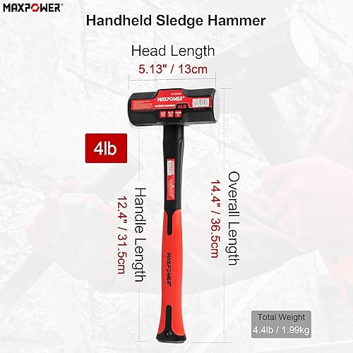 Miniatura 2 de MAXPOWER Martillo de trineo de 4 libras, cabeza de acero, mango de fibra de vidrio de 12 pulgadas resistente a los golpes