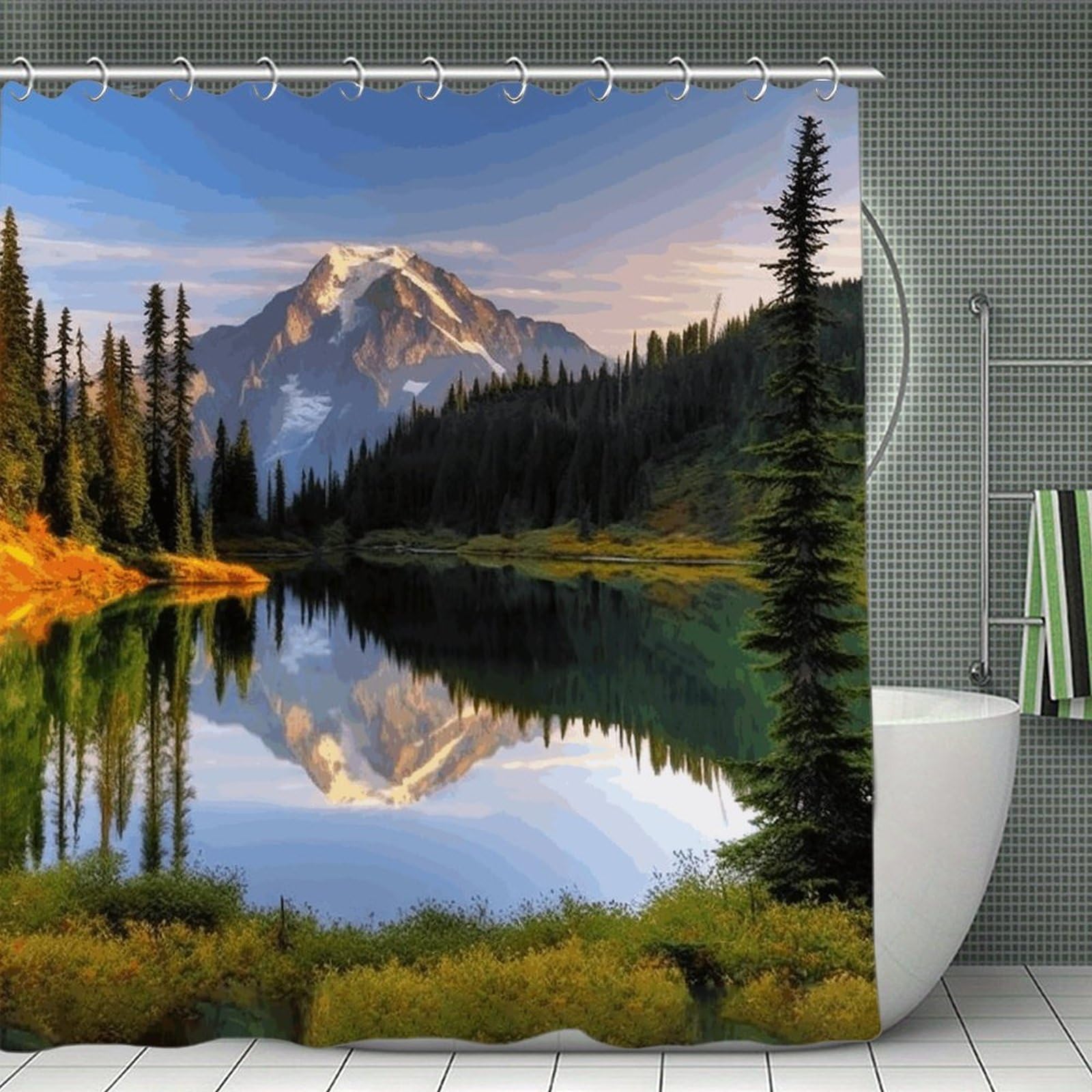 JTREHY Mountain and Lake Pictures Shower Curtain Waterproof Bathroom Shower Curtain Machine Washable Bath Curtains Polyester Cloth Bath Curtains for Bathroom Showers 70.8×70.8Inch