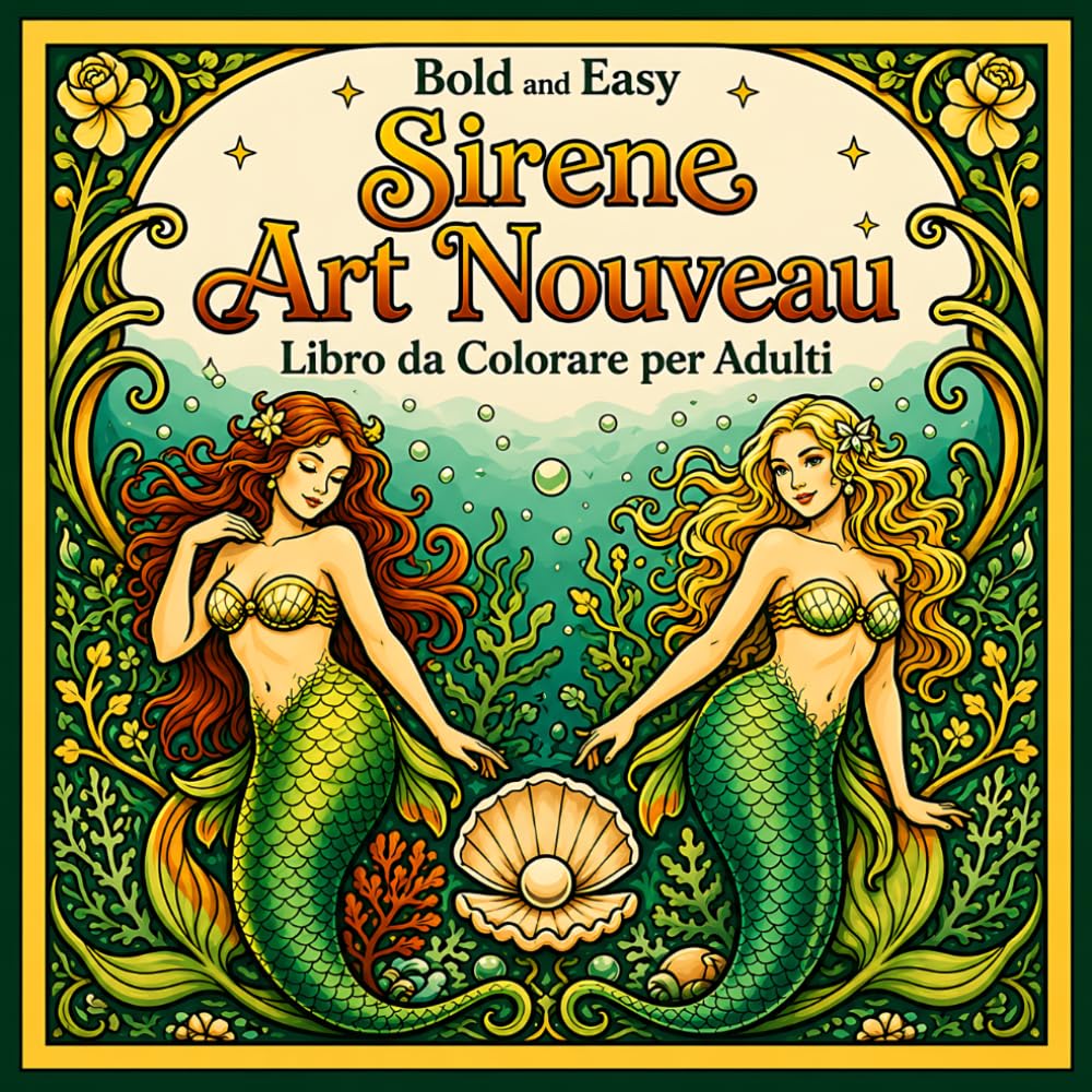 Bold and Easy Sirene Art Nouveau: Libro da Colorare per Adulti con Motivi Fantasy Marini ed Elementi Decorativi