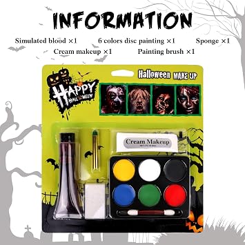 Face Body Paint Set, Halloween Makeup, 6 Colors Face Body Paint + Washable Fake Blood + White Cream, Face Paint SFX Makeup Kit, Face Painting Kit for Halloween Zombie Skeleton Cosplay Clown