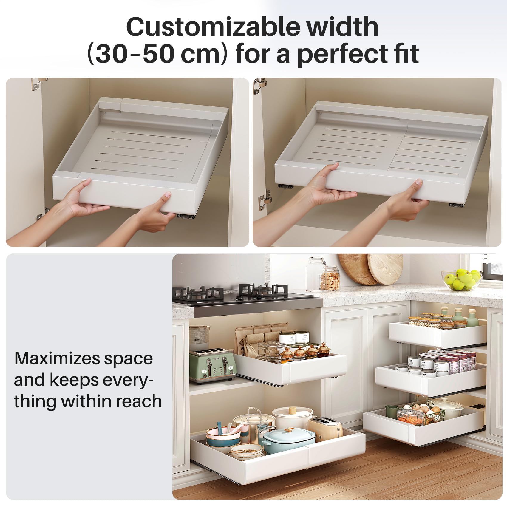 SAYZH Cajón Telescópico, Ampliable Cajón Deslizante Para Alacena,Cajones Extraíbles para Armario de Cocina, Organizador de Gabinete Extraíble Ancho Ajustable, 43 cm (Prof.) x 30-50 cm (Anch.), Blanco