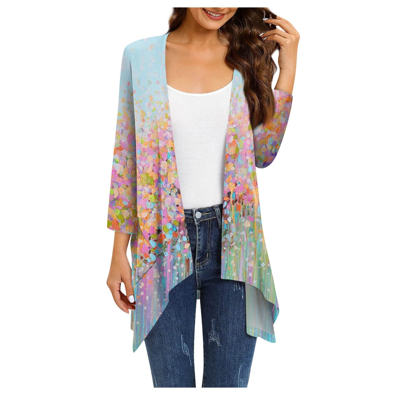 Women's Gradient Print Irregular Three-quarter Sleeve Cardigan With Pocket Jacket