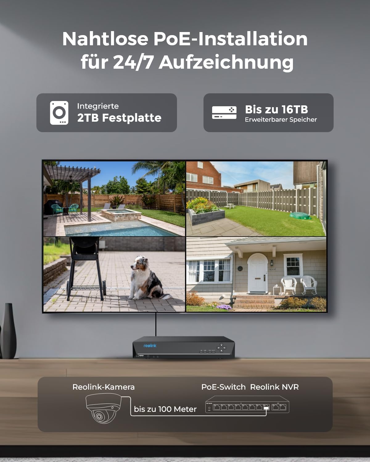 Reolink 5MP PoE Überwachungskamera Aussen Set, Farb-Nachtsicht, RLK8-500V4 | 4 Vandalensicheren PoE Außenkameras, 2,8mm Objektiv, Personen-/Fahrzeug-/Tiererkennung, IP67, 8-Kanal NVR mit 2TB HDD
