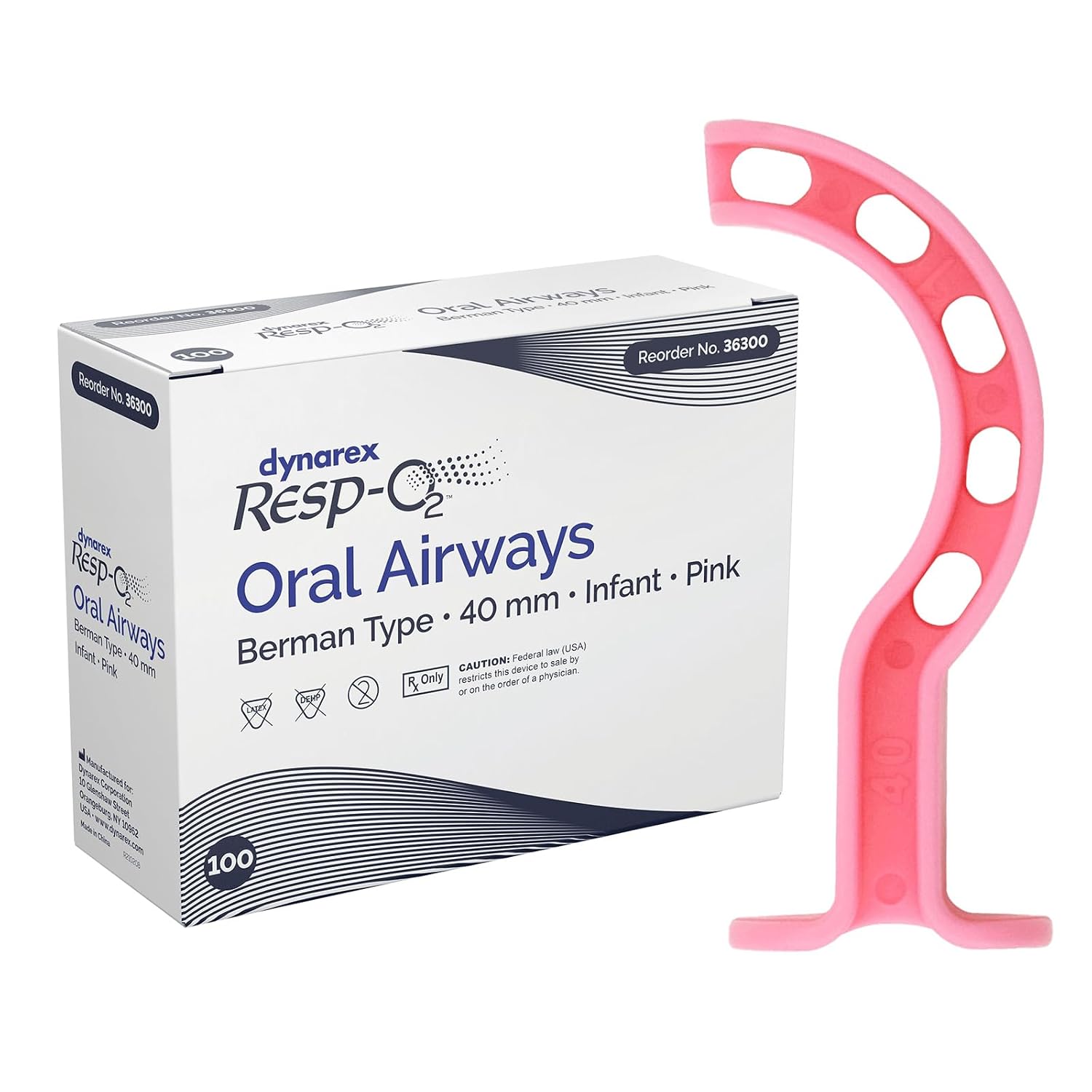 Dynarex Berman Oral Airway Assist Device - Disposable Airway Adjuncts - Slotted Sides, Midway Opening, Color-Coded Bite Lock - 40mm Infant, 100-Count