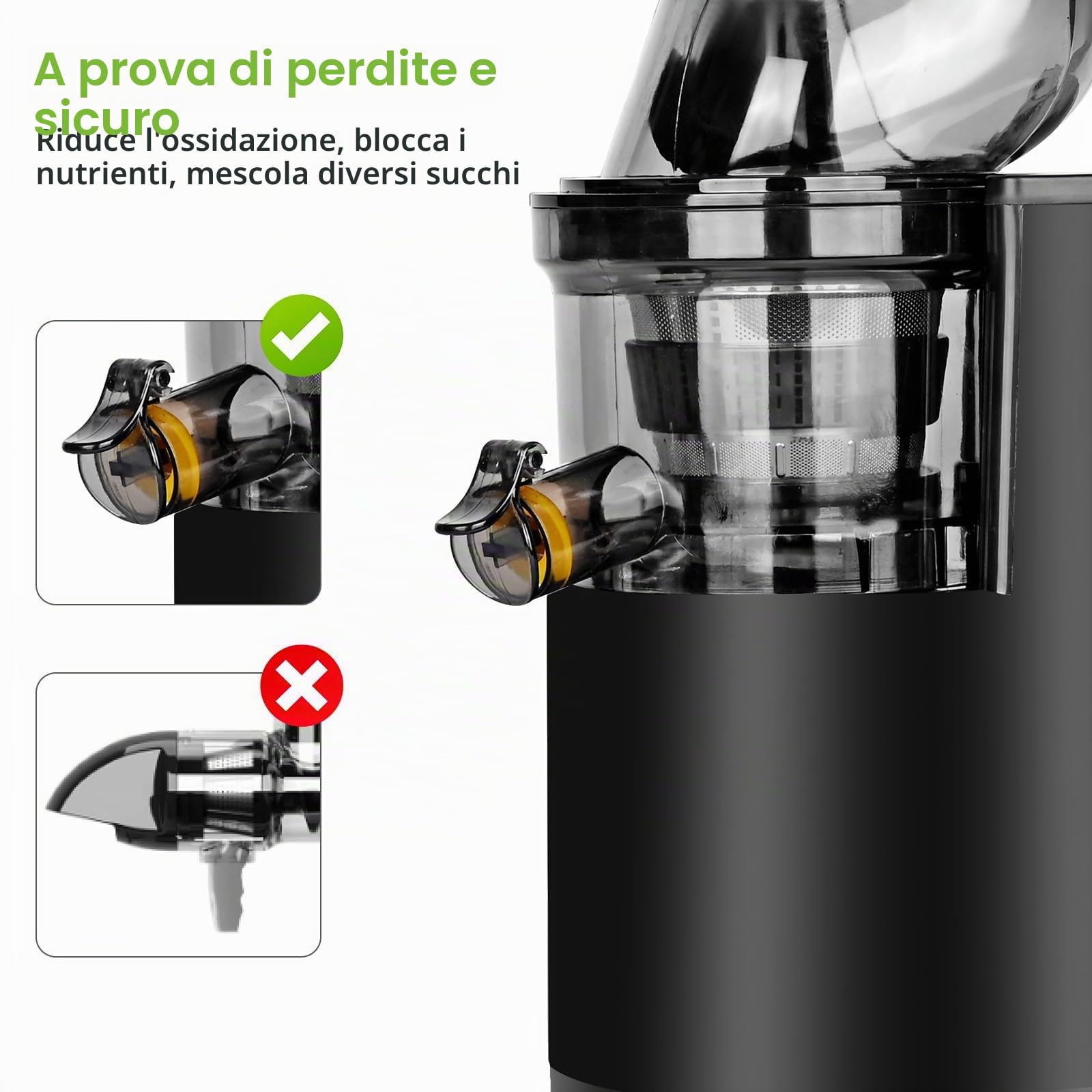 Estrattore frutta e verdura 500W, Rawhui Estrattore per frutta e verdura, spremiagrumi lento da 500 W con doppio tubo di alimentazione, volume di riempimento 1,2 L, 2 bicchieri, nero