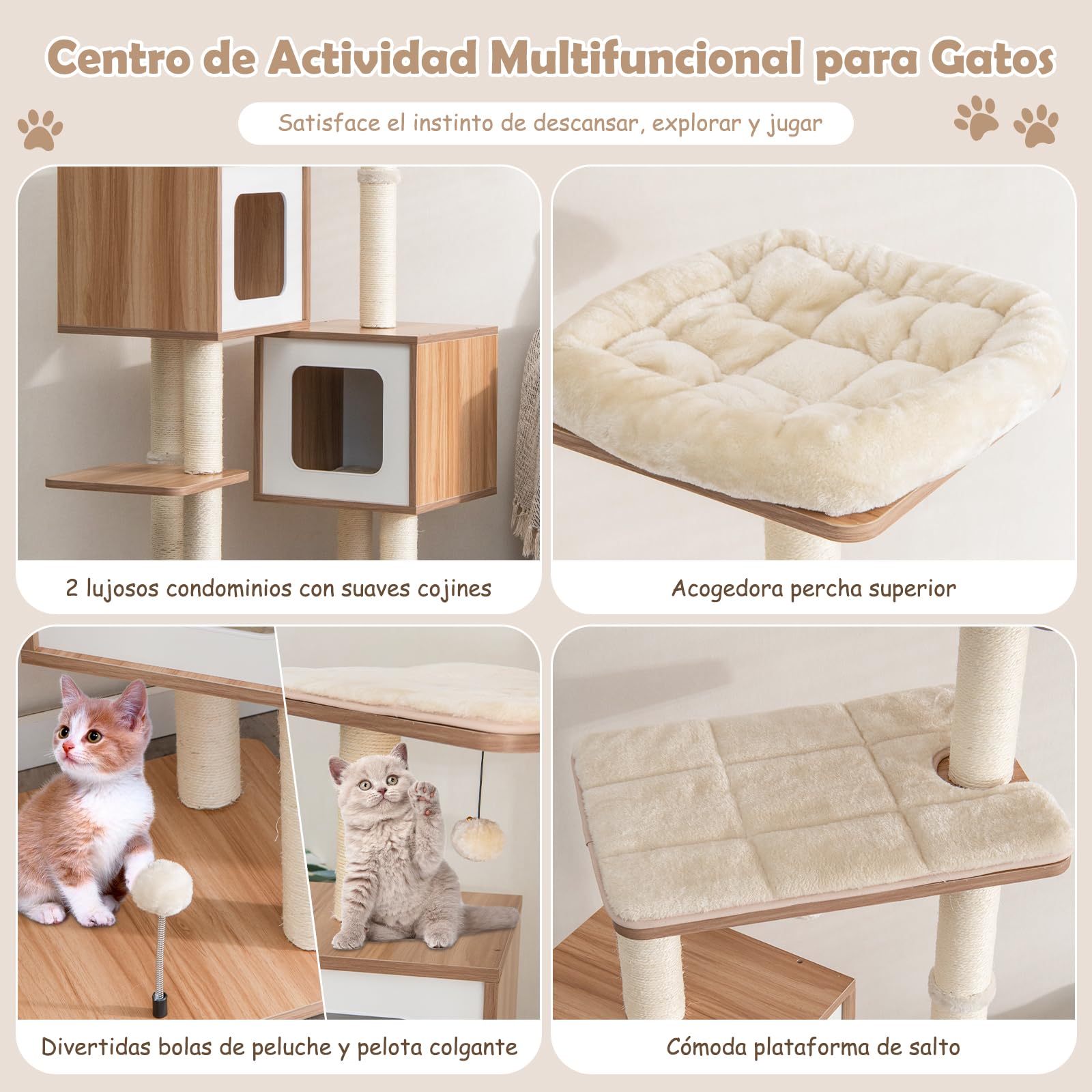 GOPLUS Árbol para Gatos de Varias Capas de 163 cm, Torre de Actividades para Gatos Escaladores en Interiores con Postes para Rascar, Plataforma Acolchada, 2 Condominios, 3 Bolas
