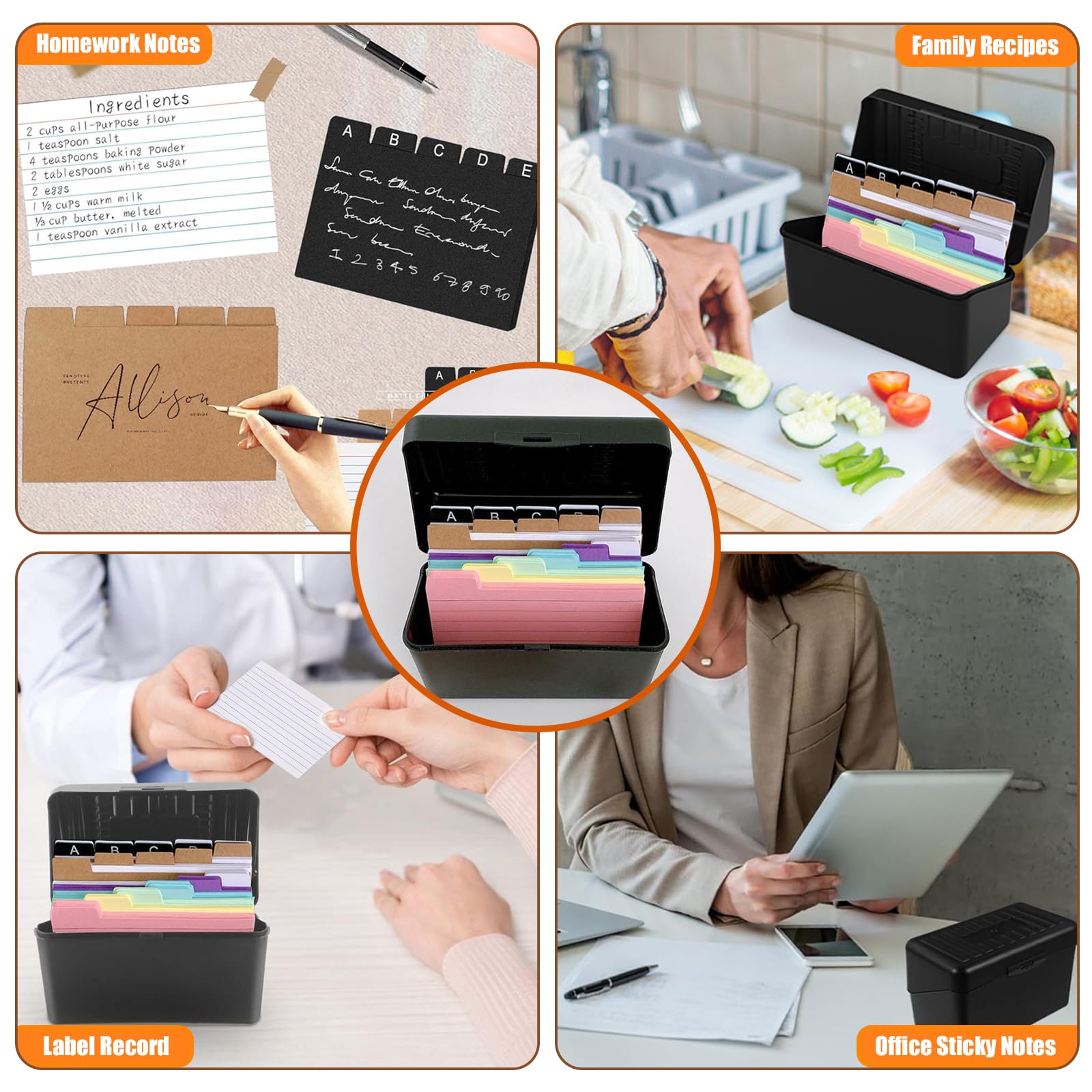 Caja Tarjetas Índice Negro, Fichas Coloridas con 15 Registros, 6 Anillos, 6 Pegatinas, Flashcards Colores para Viajes, Notas Aprendizaje, Material Escolar, Recetas, Estudiar, Oficina, Hogar, Estudio