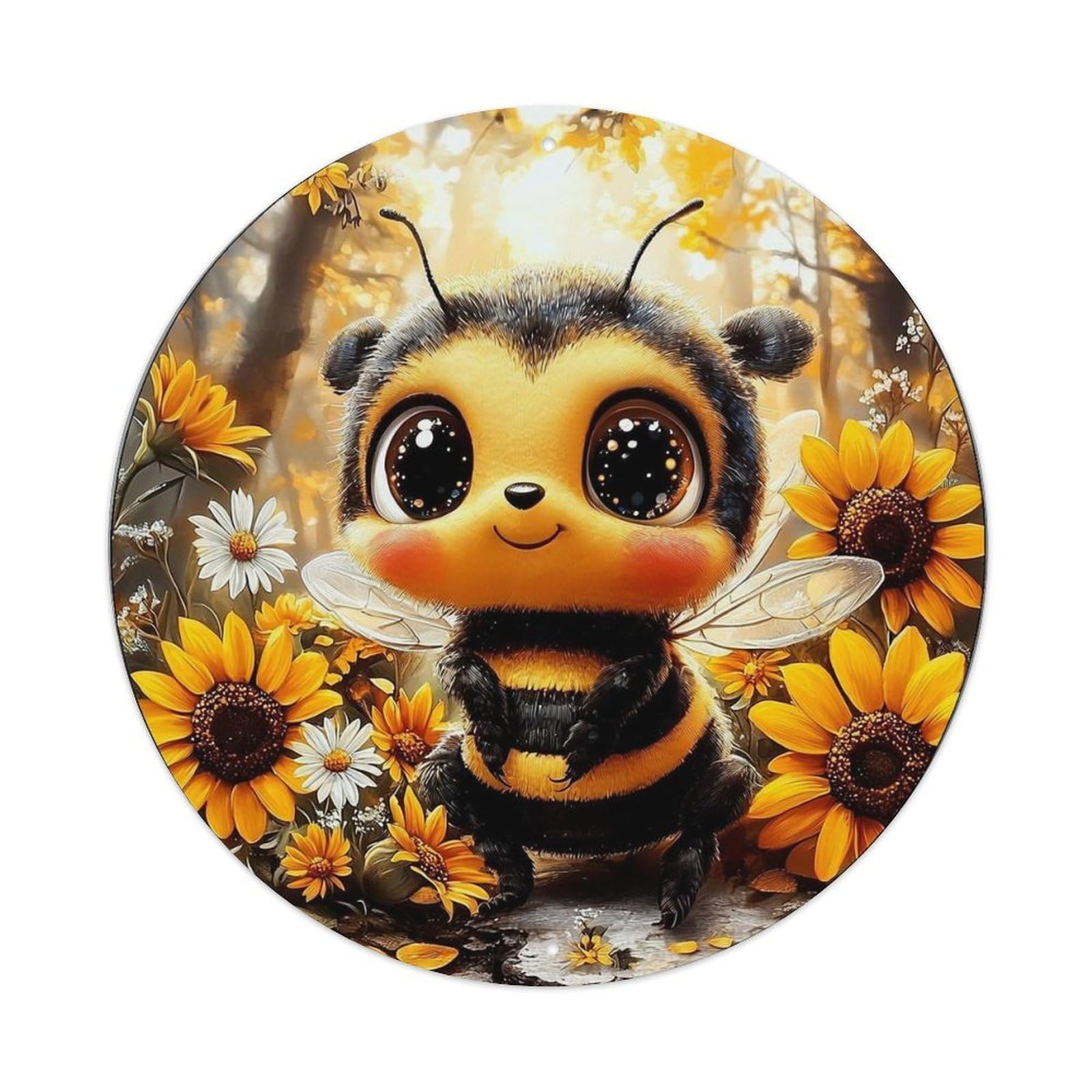 Cute Bee Sunflower Forest Scene Vintage Metal Tin Sign Retro Wall Decor for Home Bar Garage Cafe, Indoor & Outdoor Decorative，circle Metal Poster, 8x8 Inch