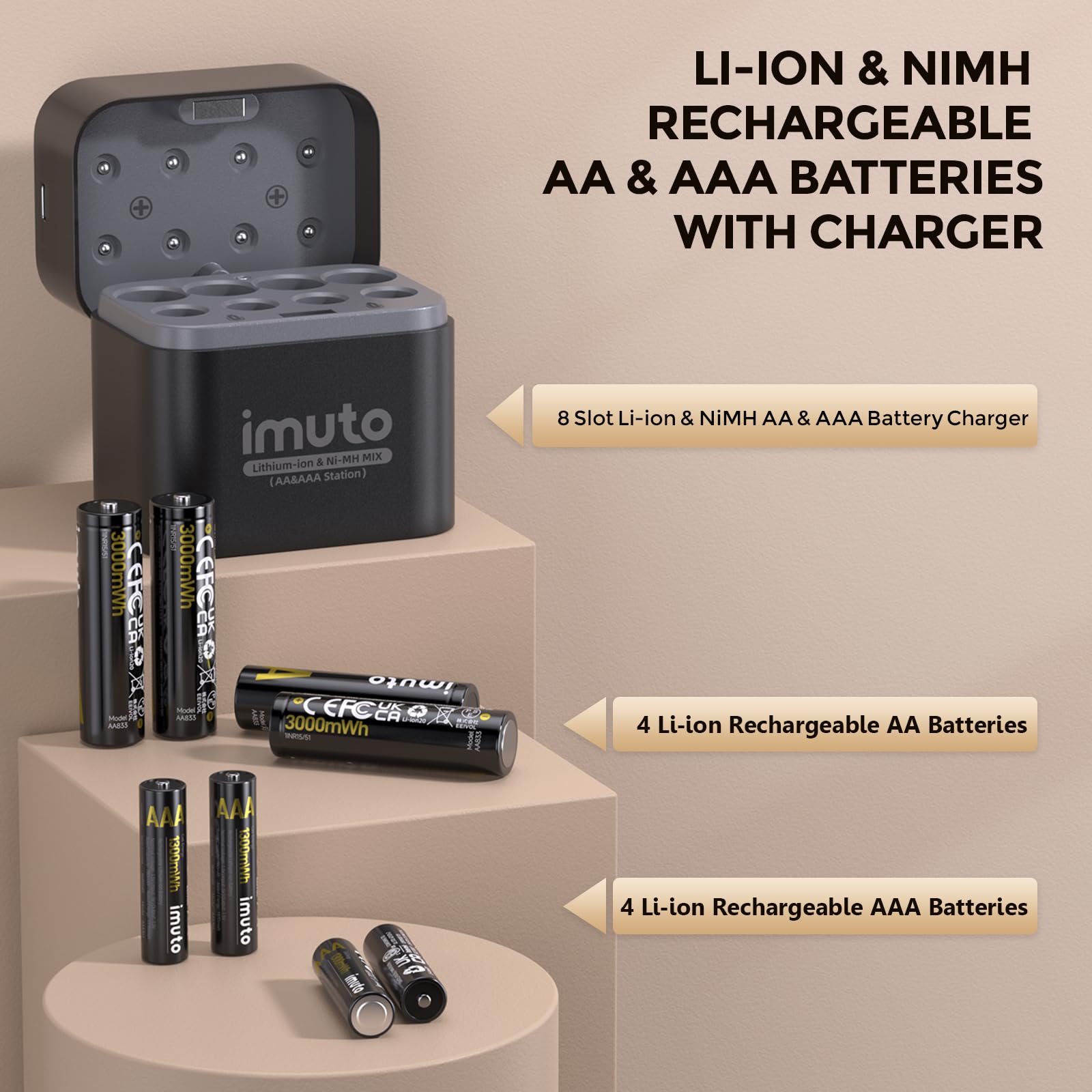 Produktbild von PHOTOOLEX Wiederaufladbar Akkus 4 AA & 4 AAA Lithium Mit Hybrid-Ladegerät, 1,5V Triple A & Double A Batterien, Langlebige Li-Ionen Akkubatterien Mit