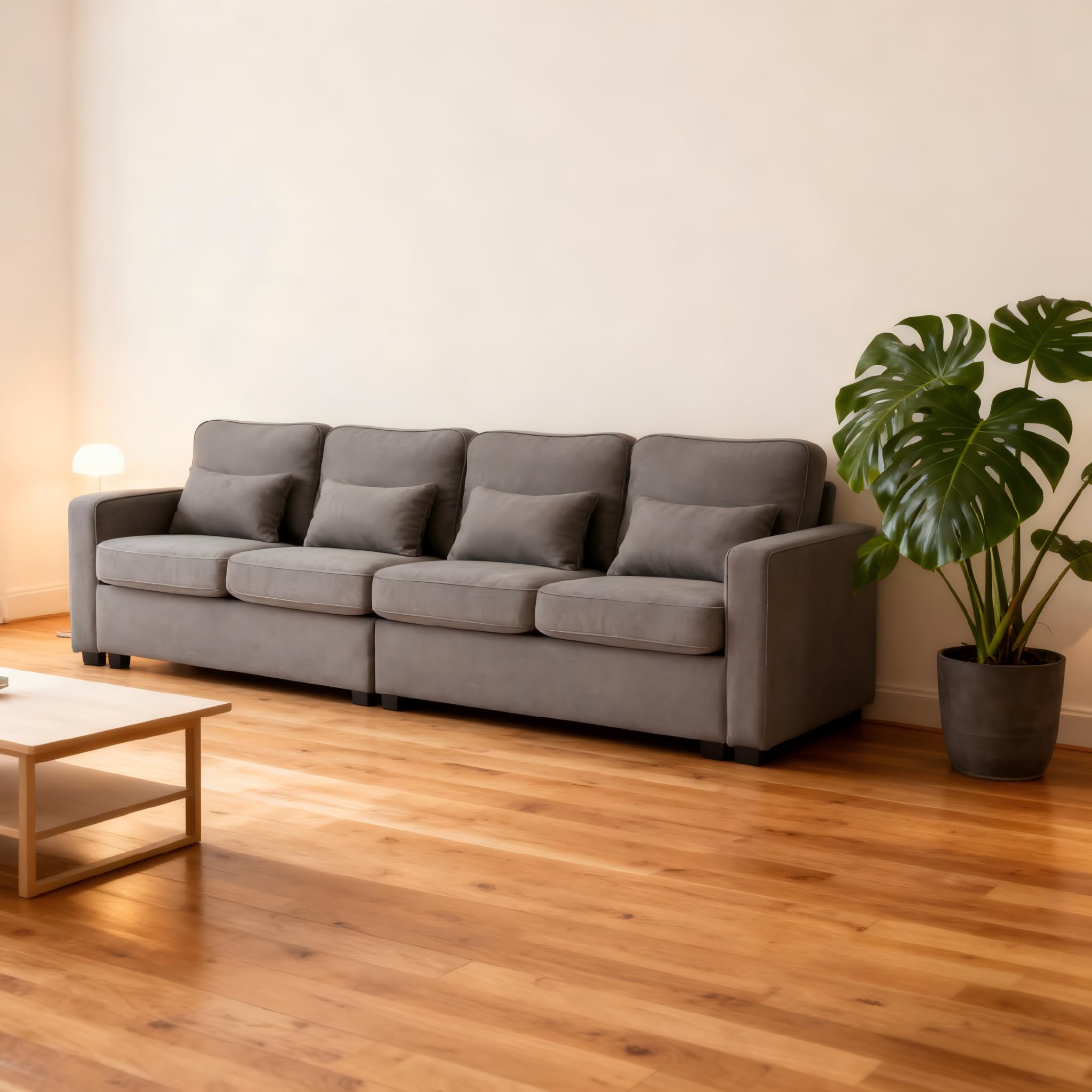 Soweiz Sofá moderno de 4 plazas de tela de lino, sofá de cuatro plazas con bolsillos para reposabrazos y 4 almohadas, estilo simple, adecuado para salón, apartamento, oficina, 3 opciones de color